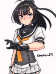 1girl akizuki_(kancolle) black_gloves black_hair black_headband black_sailor_collar clothes_writing corset gloves grey_eyes headband headgear highres kantai_collection maakun_(makun_dx) neckerchief one-hour_drawing_challenge orange_neckerchief pleated_skirt ponytail sailor_collar sailor_shirt shirt short_sleeves simple_background skirt solo twitter_username white_background white_shirt white_skirt 