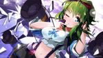  1girl blue_eyes blush female goggles green_eyes green_hair gumi headphones highres microphone nail_polish one_eye_closed pantyhose phone pomon_illust ribbon short_hair sidelocks skirt sky solo vocaloid wink 