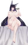  1girl absurdres animal_ear_fluff animal_ears azur_lane barefoot black_hair breasts cleavage collarbone colored_inner_hair commentary_request completely_nude crossed_legs facial_mark full_body highres huge_breasts jewelry long_hair magatama magatama_necklace mu_zhifeng multicolored_hair musashi_(azur_lane) nail_polish necklace nipples nude pouring pouring_onto_self purple_hair purple_nails solo toenail_polish toenails very_long_hair whisker_markings yellow_eyes 