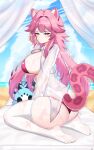  1girl absurdres animal_ears ass beach bikini blue_sky blush breasts chattino_(raora_panthera) closed_mouth commentary curtains day english_commentary hair_intakes hand_in_own_hair highres hololive hololive_english huge_breasts long_hair long_sleeves ocean panther_ears panther_girl panther_tail pink_bikini pink_hair raora_panthera sand seiza shirt sitting sky swimsuit sylix44 tail thighhighs thighs twisted_torso virtual_youtuber white_shirt white_thighhighs yellow_eyes 