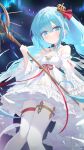  1girl absurdres azur_lane bare_shoulders blue_eyes blue_hair braid breasts closed_mouth crown dress frilled_dress frills hair_between_eyes hand_up highres holding holding_staff janus_(azur_lane) looking_at_viewer low_twin_braids mini_crown pantyhose petite small_breasts smile solo staff tilted_headwear twin_braids white_dress white_pantyhose ye_yemail 