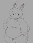 2025 accessory anthro belly big_belly big_breasts black_eyes bottomwear breasts clothing eyebrows female front_view frowney_face grey_background hair hand_on_hip hi_res lagomorph leporid looking_aside mammal mouth_closed oofmasterxd overweight overweight_anthro overweight_female pants pin_accessory pin_button portrait rabbit simple_background smiley_face solo sweater sweatpants tail thick_thighs three-quarter_portrait topwear whiskers wide_hips