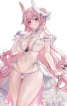  1girl absurdres alternate_costume bikini blush breasts cleavage commentary cowboy_shot dorothy_(nikke) flower-shaped_hair frilled_bikini frills goddess_of_victory:_nikke hair_bun hair_intakes hand_up highres holding holding_umbrella large_breasts long_hair looking_at_viewer multi-strapped_bikini_bottom multi-strapped_bikini_top navel pink_hair planted planted_umbrella purple_eyes simple_background single_side_bun skindentation smile solo stomach subong swimsuit thighs umbrella very_long_hair white_background white_bikini 