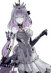  1girl bare_shoulders black_gloves breasts bug butterfly castorice_(honkai:_star_rail) closed_mouth cowboy_shot dress elbow_gloves flower gloves gradient_hair grey_hair hair_ornament hashtag-only_commentary highres honkai:_star_rail honkai_(series) long_hair multicolored_hair pointy_ears purple_eyes purple_hair shirayuki_(shi_rayu_ki) simple_background solo white_background white_dress 