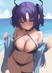  1girl absurdres alternate_costume ass_visible_through_thighs bare_shoulders beach bikini black_bikini black_choker black_halo blue_archive blue_eyes blue_jacket blue_sky blush breasts breasts_day choker cleavage closed_mouth cloud collarbone day hair_ornament halo highres jacket large_breasts long_hair looking_at_viewer mechanical_halo navel ocean off_shoulder outdoors purple_hair rianya07 sand shore side-tie_bikini_bottom sky solo stomach string_bikini swimsuit thigh_strap triangle_hair_ornament two_side_up water yuuka_(blue_archive) 