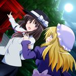  blonde_hair brown_eyes brown_hair ghostly_field_club hat hat_ribbon kamelie maribel_hearn moonlight multiple_girls necktie pointing pulling ribbon torii touhou usami_renko yellow_background yellow_eyes 