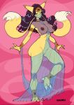 2023 alakazam anthro belly_dancer blue_eyes bottomwear breasts clothed clothing curvy_figure digital_media_(artwork) exposed_breasts female generation_1_pokemon gold_accessories hair hair_jewelry hi_res hourglass_figure looking_at_viewer makumba nintendo nipples no_underwear nude nude_anthro nude_female one_leg_on_ground one_leg_up pokemon pokemon_(species) purple_hair raised_leg simple_background smile smiling_at_viewer solo solo_focus solo_in_panel standing translucent translucent_clothing veil vulva yellow_body
