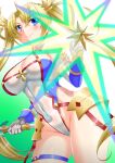  1girl absurdres armor bare_shoulders blonde_hair blue_eyes blue_gloves blue_leotard blush bradamante_(fate) bradamante_(first_ascension)_(fate) braid breasts cleavage closed_mouth covered_navel crown_braid elbow_gloves energy_barrier energy_shield fate/grand_order fate_(series) faulds gloves guriguri_(arayotto4351) highleg highleg_leotard highres large_breasts leotard long_hair looking_at_viewer multicolored_leotard scepter smile solo thigh_strap thighs twintails two-tone_gloves two-tone_leotard very_long_hair white_gloves white_leotard 