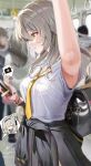  1girl alternate_costume arm_up armpit_focus armpit_peek armpits backpack bag black_bag black_jacket black_nails bra bra_peek breast_pocket closed_mouth clothes_around_waist commentary_request firefly_(honkai:_star_rail) from_side grey_hair grey_skirt honkai:_star_rail honkai_(series) jacket jacket_around_waist kabu_usagi light_smile long_hair looking_at_phone multicolored_nails nail_polish paid_reward_available people phone pocket school_uniform shirt signature skirt solo_focus spoken_character stelle_(honkai:_star_rail) trailblazer_(honkai:_star_rail) train_interior translation_request underwear white_shirt yellow_eyes yellow_nails 
