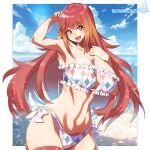 1girl :d beach bikini blonde_hair blue_sky blush breast_suppress breasts character_request city cityscape cloud copyright_request curvy day frilled_bikini frills gradient_hair groin hair_between_eyes highres horizon huge_breasts lens_flare light_particles linea_alba mountainous_horizon multicolored_hair navel ocean open_mouth original outdoors pixiv_id plaid_bikini plaid_clothes red_hair shiny_skin side-tie_bikini_bottom signature sky smile standing strapless strapless_bikini swimsuit teeth tongue twitter_username umigarasu_(kitsune1963) water white_bikini yellow_eyes 