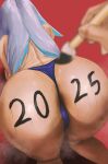  1girl 1other 2025 absurdres all_fours anus anus_peek ass ass_focus blue_hair blue_panties blurry blurry_foreground body_writing bodypaint character_request colored_inner_hair copyright_request dark_anus depth_of_field feet_out_of_frame from_above from_behind highres holding holding_paintbrush huge_ass long_hair median_furrow multicolored_hair out_of_frame paint paintbrush panties red_background rito_(ritoxiaying) simple_background solo_focus steam steaming_body straight_hair topless_female underwear underwear_only white_hair 