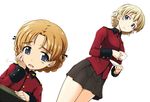  blonde_hair blue_eyes blush braid cup darjeeling girls_und_panzer hand_on_own_cheek military military_uniform multiple_girls open_mouth orange_pekoe sasaki_akira_(ugc) school_uniform short_hair skirt smile st._gloriana's_military_uniform teacup uniform 