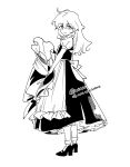  1girl apron black_shoes black_skirt black_vest blonde_hair braid frills from_side full_body hat high_heels highres holding holding_unworn_clothes holding_unworn_hat kirisame_marisa long_hair looking_at_viewer looking_to_the_side monochrome natsume_(menthol) shirt shoes short_sleeves skirt smile socks solo touhou twitter_username unworn_hat unworn_headwear vest white_shirt white_socks 