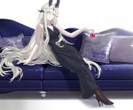  1girl absurdres alternate_costume aqua_eyes arknights black_dress black_horns blonde_hair cup dragon_horns dress highres holding holding_cup horns long_hair looking_at_viewer multiple_horns necrass_(arknights) parted_lips shale sidelocks sitting smile solo very_long_hair 