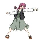  1girl black_jacket commentary dress fighting_game full_body geta green_dress hiroi_kikuri jacket melty_blood open_clothes open_jacket purple_hair simple_background solo standing torako_(toramaru) tsukihime white_background yumizuka_satsuki 