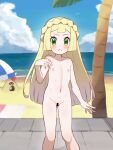  1girl bar_censor beach_towel blonde_hair blush censored chiwino closed_mouth cloud collarbone commentary_request completely_nude day flat_chest frown green_eyes hand_up highres knees large_variant_set lillie_(pokemon) long_hair looking_at_viewer navel nipples nude outdoors palm_tree pokemon pokemon_(anime) pokemon_(creature) pokemon_sm_(anime) pussy sand sandygast shore sky standing towel tree variant_set water 