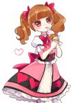  1girl :p aihira_(aihira12) aisaki_emiru back_bow bare_arms blunt_bangs bow bowtie brown_eyes brown_hair closed_mouth collared_shirt cowboy_shot diamond_print dot_nose eating expressionless eyelashes food frilled_shirt frilled_skirt frilled_sleeves frills hair_bow heart heart_print holding holding_food holding_ice_cream holding_ice_cream_cone hugtto!_precure ice_cream ice_cream_cone layered_skirt light_blush light_frown long_hair medium_skirt own_hands_together pantyhose pink_skirt pink_vest precure puffy_short_sleeves puffy_sleeves red_bow red_bowtie shirt short_sleeves simple_background skirt skirt_set solo standing tareme tongue tongue_out twintails vest wavy_hair white_background white_pantyhose white_shirt white_skirt 
