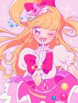  1girl asahina_mirai blonde_hair blunt_bangs blush bow bow_button bowtie bracelet brooch circle_skirt collared_shirt covered_collarbone cowboy_shot cure_miracle diamond_(gemstone) dot_nose earrings eyelashes finger_to_mouth frilled_headwear frilled_skirt frilled_sleeves frills gloves gold_bracelet hair_bow hairband happy hat hat_ornament heart heart_hat_ornament high-waist_skirt jewelry long_hair magical_girl mahou_girls_precure! mini_hat mini_witch_hat miniskirt nachuchoco one_eye_closed one_side_up open_mouth pink_background pink_bow pink_hairband pink_hat pink_skirt pleated_skirt precure puffy_short_sleeves puffy_sleeves purple_eyes red_bow red_bowtie shirt short_sleeves simple_background skirt smile solo sparkle sphere_earrings standing tareme very_long_hair white_gloves white_shirt witch_hat 