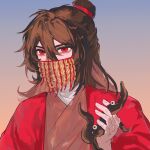  1boy absurdres bags_under_eyes bandaged_neck bandages benkebuhui brown_hair chinese_clothes chinese_commentary coat coin coin_mask coin_on_string covered_mouth creature dao_gui_yi_xian eyeball gradient_background hair_between_eyes hair_bun half_updo hand_up hanfu highres holding holding_creature holding_tentacle holed_coin li_huowang li_sui_(tentacles) long_hair long_sleeves looking_at_viewer male_focus mask mouth_veil open_clothes open_coat red_coat red_eyes red_hanfu robe simple_background single_hair_bun solo tentacles upper_body veil 