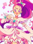  1girl aqua_brooch back_bow blush bow bowtie brooch collarbone cowboy_shot cure_egret dot_nose dress earrings eyelashes feather-trimmed_sleeves floating_clothes floating_hair forehead frilled_arm_warmers frilled_skirt frills futari_wa_precure_splash_star grey_background hair_bow hair_ornament hairband heart heart_brooch heart_earrings heart_hair_ornament high_ponytail highres jewelry long_hair magical_girl miniskirt mishou_mai nachuchoco open_mouth outstretched_hand pleated_skirt ponytail precure purple_bow purple_eyes purple_hair short_dress short_sleeves skirt skirt_under_dress smile solo square standing tareme very_long_hair waist_bag white_arm_warmers white_bag white_bow white_bowtie white_dress white_hairband white_skirt 