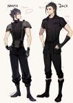  ... aries20770321 armor belt black_belt black_boots black_gloves black_hair black_jacket black_pants black_shirt black_sweater blue_eyes boots character_name cosplay costume_switch final_fantasy final_fantasy_vii final_fantasy_xv gloves grin hair_between_eyes hand_on_own_hip hands_on_own_hips height highres in-franchise_crossover jacket knee_boots looking_at_another multiple_belts noctis_lucis_caelum pants pauldrons scar scar_on_face shirt short_hair short_sleeves shoulder_armor signature simple_background sleeveless sleeveless_sweater sleeveless_turtleneck smile spiked_hair suspenders sweater t-shirt tight_clothes toned toned_male translation_request turtleneck turtleneck_sweater yellow_background zack_fair 