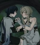  1boy 1girl aqua_trim armor artist_name averting_eyes bandaged_wrist bandages bare_shoulders belt black_belt black_bodysuit black_bridal_gauntlets black_eyes black_hair black_shorts blonde_hair blue_cape bodysuit breasts bridal_gauntlets bruise bruise_on_face bruise_on_shoulder cape cleavage closed_mouth collarbone expressionless fingernails first_aid flower furisode genshin_impact gold gold_ring hair_flower hair_ornament hakama hakama_shorts halterneck highres holding_bandages injury japanese_armor japanese_clothes kimono kote kurokote looking_at_another looking_down lumine_(genshin_impact) middle_ring outdoors pleated_shorts purple_rope purple_sash rope sash scaramouche_(genshin_impact) short_hair short_hair_with_long_locks short_sleeves shorts sidelocks sitting small_breasts sweatdrop taking_shelter thighhighs turtleneck turtleneck_bodysuit wanderer_(genshin_impact) white_flower white_kimono white_sleeves white_thighhighs white_trim zac-n 
