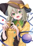  1girl absurdres black_hat blush bow buttons collared_shirt commentary_request diamond_button eyeball four-finger_heart_hands frilled_shirt_collar frilled_sleeves frills green_eyes green_hair hat hat_bow heart heart_hands heart_of_string highres komeiji_koishi long_sleeves looking_at_viewer meimei_(meimei89008309) open_mouth shirt simple_background smile solo third_eye touhou white_background wide_sleeves yellow_bow yellow_shirt 