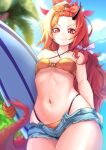  1girl absurdres bangs_pinned_back bikini blue_archive blush breasts closed_mouth commentary denim denim_shorts dragon_girl dragon_horns dragon_tail forehead highres holding holding_surfboard horns long_hair navel official_alternate_costume open_clothes open_shorts red_eyes red_hair renge_(blue_archive) renge_(swimsuit)_(blue_archive) ruta shorts single_horn small_breasts smile solo stomach surfboard swimsuit tail yellow_bikini 