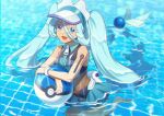  1girl aqua_hair blue_eyes blush bracelet crop_top dive_ball hair_between_eyes hatsune_miku highres jewelry long_hair low-tied_long_hair number_tattoo official_alternate_costume official_alternate_hairstyle open_mouth poke_ball pokemon pool project_voltage shirt shiyano sleeveless sleeveless_shirt smile solo tan tanlines tattoo twintails very_long_hair visor_cap vocaloid water water_miku_(project_voltage) wet 