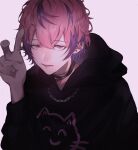  1girl black_choker black_hoodie chain chain_necklace choker commentary earrings hair_between_eyes hand_up highres hood hood_down hoodie indie_utaite jewelry lips long_sleeves looking_at_viewer mano_aaa multicolored_hair necklace nqrse parted_lips pink_eyes pink_hair print_hoodie purple_streaks ring short_hair solo streaked_hair stud_earrings upper_body utaite v 