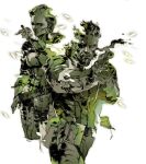  1boy 1girl absurdres aiming bandana beard big_boss bodysuit box_art eyepatch facial_hair gloves gun handgun headband highres holding holding_gun holding_knife holding_weapon knife long_hair metal_gear_(series) metal_gear_solid_3:_snake_eater naked_snake official_art promotional_art shinkawa_youji simple_background the_boss weapon white_background 