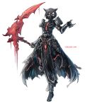  1girl absurdres animal_ears arm_armor armor black_cape black_hair cape cat_ears commentary commission double-parted_bangs english_commentary franlol full_body hair_between_eyes hand_up highres holding holding_scythe looking_at_viewer mask mouth_mask original scythe short_hair shoulder_armor simple_background solo standing white_background 