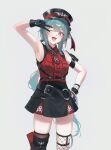 1girl ;d absurdres aqua_hair arm_belt arm_up armpits bare_shoulders belt bianca_(black_survival) bianca_(prison_guard)_(black_survival) black_gloves black_hat black_skirt black_survival black_thighhighs breast_pocket center_frills collared_shirt cowboy_shot eternal_return:_black_survival fang fishnet_thighhighs fishnets frills gloves hand_on_own_hip hat highres long_hair looking_at_viewer miniskirt necktie official_alternate_costume one_eye_closed open_mouth peaked_cap pocket red_eyes red_shirt shirt shirt_tucked_in short_necktie simple_background skirt sleeveless sleeveless_shirt smile solo standing star-shaped_pupils star_(symbol) symbol-shaped_pupils thighhighs thighs v very_long_hair white_background zapik zettai_ryouiki 