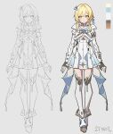  1girl adapted_costume arms_at_sides black_gloves blonde_hair boots cape color_guide commentary dated english_commentary feather_hair_ornament feathers genshin_impact gloves hair_ornament haun lumine_(genshin_impact) partially_fingerless_gloves pleated_skirt shirt short_hair_with_long_locks sketch skirt solo thigh_boots white_boots white_cape white_shirt white_skirt yellow_eyes 