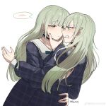  2girls absurdres bang_dream! bang_dream!_it&#039;s_mygo!!!!! black_dress blush choker clenched_teeth closed_mouth dress frilled_choker frills green_hair guagua977 hair_ornament hairclip hand_on_another&#039;s_face hand_on_another&#039;s_waist highres long_hair long_sleeves looking_at_another mortis_(bang_dream!) mortis_(persona)_(bang_dream!) multiple_girls plaid_clothes plaid_dress selfcest simple_background spoken_blush sweatdrop teeth twitter_username wakaba_mutsumi watermark weibo_watermark white_background yellow_eyes 