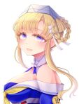 1girl alternate_hairstyle blonde_hair blue_eyes blue_shirt braid breasts cleavage double_bun fletcher_(kancolle) hair_bun hair_bun_with_ring hair_ornament hairband highres kantai_collection large_breasts long_hair looking_at_viewer nagi_kantai114 neckerchief off_shoulder sailor_collar school_uniform serafuku shirt smile solo star_(symbol) star_hair_ornament twin_braids upper_body 