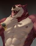 5_fingers abs canid canine clock colored digital_media_(artwork) digital_painting_(artwork) fangs fingers hi_res itymnro male mammal nipple_piercing nipple_ring nipples painting_(artwork) piercing portrait ring_piercing solo teeth tongue tongue_out watch