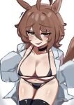  1girl absurdres agnes_tachyon_(umamusume) ahoge alternate_costume animal_ears bikini black_bikini black_choker black_thighhighs breasts brown_hair chemical_structure choker cleavage coat commentary_request earrings english_commentary hair_between_eyes highres horse_ears horse_girl horse_tail iog626 jewelry lab_coat large_breasts looking_at_viewer messy_hair navel open_clothes open_coat open_mouth red_eyes short_hair simple_background single_earring sitting sleeves_past_fingers sleeves_past_wrists smile solo stomach swimsuit tail thighhighs umamusume white_background white_coat 