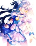  1girl aoki_reika bag_bow blue_bow blue_bowtie blue_choker blue_eyes blue_hair blue_shirt blue_shorts blue_skirt blue_wrist_cuffs blunt_bangs blush bow bowtie brooch choker coattails collarbone cowboy_shot cure_beauty eyelashes floating_clothes floating_hair hair_ornament hair_tubes happy jewelry light_particles long_hair long_sidelocks looking_at_viewer magical_girl miniskirt nachuchoco open_mouth outstretched_hand palms pink_bow pleated_skirt pleated_sleeves precure shirt short_sleeves shorts shorts_under_skirt sidelocks signature simple_background single_stripe skirt skirt_set smile smile_precure! solo standing striped_bow tiara very_long_hair waist_bag white_arm_warmers white_background white_bag wing_hair_ornament wrist_cuffs 