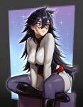  1girl black_boots black_hair black_leotard blue_eyes blush bodysuit boku_no_hero_academia boots breasts commentary cuffs domino_mask double-parted_bangs earrings english_commentary figure_four_sitting foot_out_of_frame garter_straps glint hair_between_eyes handcuffs highleg highleg_leotard highres hunybee jewelry knee_boots large_breasts leotard long_hair looking_to_the_side mask midnight_(boku_no_hero_academia) mole mole_under_eye purple_thighhighs sitting skin_tight solo sparkle stud_earrings superhero_costume thighhighs thighhighs_under_boots very_long_hair white_bodysuit 