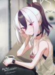  1girl black_choker black_hair black_horns blue_archive blurry blurry_background breasts brown_shirt choker cleavage coffee coffee_mug commentary_request commission cross cross_choker cup demon_horns grey_hair halo hand_on_own_cheek hand_on_own_face horns kayoko_(blue_archive) looking_at_viewer medium_breasts mug multicolored_hair ponytail quatraise red_eyes shirt sitting skeb_commission solo translation_request two-tone_hair wrist_belt 