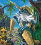 2024 2_toes 3_fingers adobe_photoshop_(artwork) ambiguous_feral ambiguous_gender anthro avian bird black_claws blue_body blue_fur blue_sky blue_tail brown_body claw_toes claws clip_studio_paint_(artwork) cloud coin colored day digital_media_(artwork) digital_painting_(artwork) dual_wielding english_description facial_hair featureless_chest feet feral fern fin finger_claws fingers flower flying fur gem generation_1_pokemon generation_5_pokemon glint goatee grey_body grey_fur grey_tail group gums hi_res holding_melee_weapon holding_object holding_sword holding_weapon leaf light lighting long_mustache male male_anthro mathew-b melee_weapon multicolored_body multicolored_fur muscular muscular_anthro muscular_male mustache nintendo orange_eyes orange_nose outside painting_(artwork) palm_tree pecs pink_gums plant pokemon pokemon_(species) rock ruby_(gem) samurott shaded sharp_teeth sky smile smiling_at_viewer solo_focus staryu sword tail tail_fin teeth toe_claws toes toothy_smile treasure treasure_chest tree two_tone_body two_tone_fur weapon white_facial_hair white_goatee white_mustache yellow_flower yellow_helmet