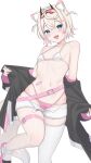  1girl ahoge alternate_costume animal_ear_fluff animal_ears bandaid bandaid_hair_ornament bandaid_on_stomach belt bikini bikini_under_shorts blonde_hair blue_eyes blush breasts dog_ears dog_girl dog_tail fang hair_ornament highres hololive hololive_english horn_hairband looking_at_viewer medium_hair mismatched_bikini mococo_abyssgard multi-strapped_bikini_bottom navel open_mouth pink_belt pink_bikini short_shorts shorts simple_background single_thighhigh small_breasts solo sweat swimsuit tail thigh_strap thighhighs tojo_aoi white_background white_shorts white_thighhighs x_hair_ornament 