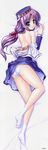  absurdres aiyoku_no_eustia ass bed bed_sheet bekkankou blue_eyes blush dakimakura dress dress_lift dress_pull from_above from_behind full_body hat highres huge_filesize lavria legs looking_at_viewer looking_back lying no_bra off_shoulder on_bed on_stomach panties purple_hair socks solo underwear white_panties 