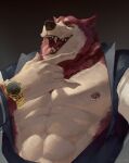 5_fingers abs canid canine clock clothing colored digital_media_(artwork) digital_painting_(artwork) fangs fingers hi_res itymnro jacket male mammal nipple_piercing nipple_ring nipples painting_(artwork) piercing portrait ring_piercing solo teeth tongue tongue_out topwear watch