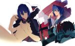  1boy 1girl absurdres ahoge blood blood_in_mouth blood_on_face blue_eyes blue_hair breasts cape ciel_(tsukihime) crest evil_grin evil_smile fur-trimmed_cape fur_trim glasses grin hand_on_own_face highres jacket looking_at_viewer naked_cape rain red_eyes roa-ciel school_uniform short_hair smile souya_high_school_uniform tohno_shiki tsukihime tsukihime_(remake) umbrella vampire zxykiyou 