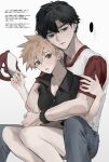  ... 1boy 1girl black_hair black_shirt blue_oak breasts brown_eyes collared_shirt commentary_request genderswap genderswap_(mtf) grey_eyes hands_up hat head_tilt hetero highres hug hug_from_behind looking_at_viewer pants pokemon pokemon_sm red_(pokemon) red_hat sekaiitinoki shirt short_hair short_sleeves shorts speech_bubble spoken_ellipsis translation_request unworn_hat unworn_headwear white_background 