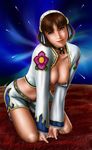  1girl breasts brown_eyes brown_hair chai_xianghua hairband highres kneeling large_breasts looking_at_viewer nipples no_bra open_clothes raku_soukutsu smile solo soul_calibur soulcalibur_i yuchan_(rakugaki_no_soukutsu) 