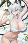  1girl absurdres arm_up bare_shoulders bed black_horns black_tail bra breasts collarbone commentary curled_horns demon_tail flower from_above grey_hair hair_between_eyes hand_up highres holding holding_flower horns large_breasts long_hair looking_at_viewer lying mole mole_on_breast multicolored_hair navel on_back on_bed panties parted_lips red_eyes scar solo sp123 stomach streaked_hair tail thighs underwear white_bra white_flower white_panties wuthering_waves zani_(wuthering_waves) 