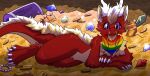 anthro asian_mythology blonde_hair body_hair chest_fur chest_hair chest_tuft claws coin crown diamond_(gem) digital_drawing_(artwork) digital_media_(artwork) digitigrade dragon east_asian_mythology eastern_dragon emerald_(gem) fingers fluffy fluffy_ears fluffy_hair fluffy_neck_fur fluffy_tail fur gem gold_(metal) gold_bar gold_coin gold_jewelry hair headgear horn jewelry lgbt_pride looking_at_viewer lying male mammal mythological_creature mythological_scalie mythology nugget_kun on_side pearl_(gem) purple_eyes red_body ruby_(gem) scalie smile solo tail tail_tuft treasure treasure_chest tuft vitamin_c_(forwardpickup) whiskers yellow_body yellow_fur